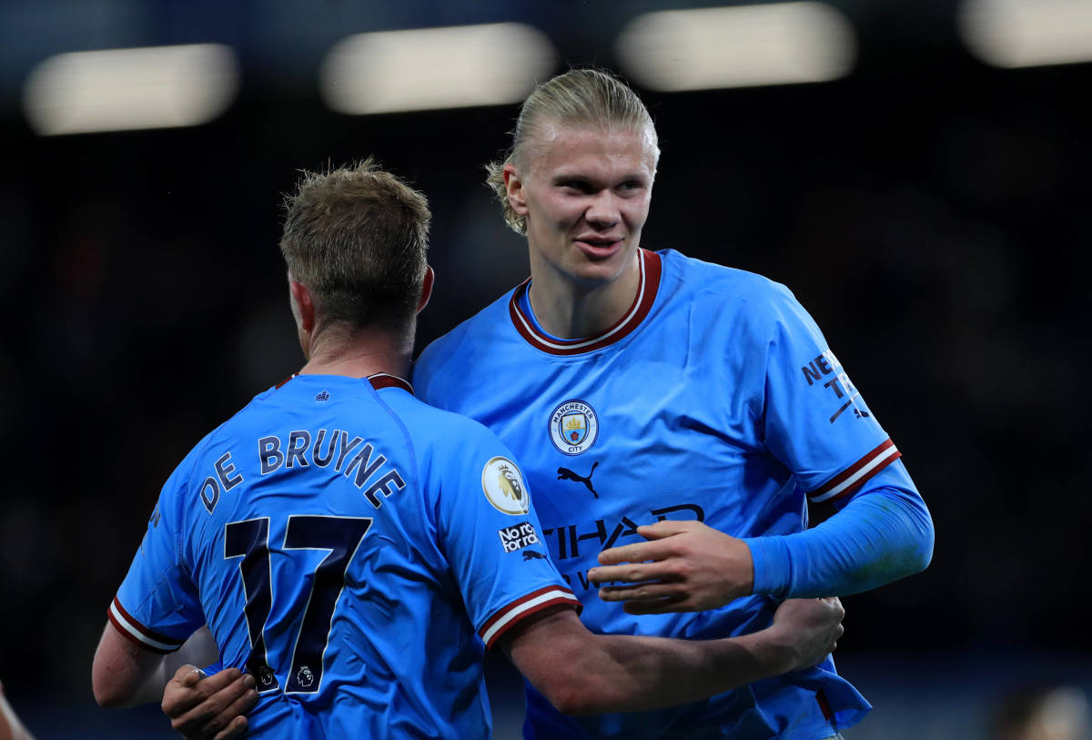 Manchester City teammates Kevin De Bruyne (left) and Erling Haaland (right) pictured together in January 2023